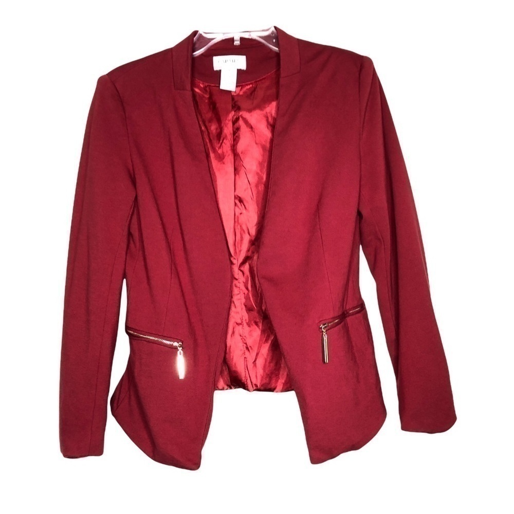 Carmen MARC VALVO Red Knit Open Front Blazer w/ Gold Zipper Pockets - Size 4